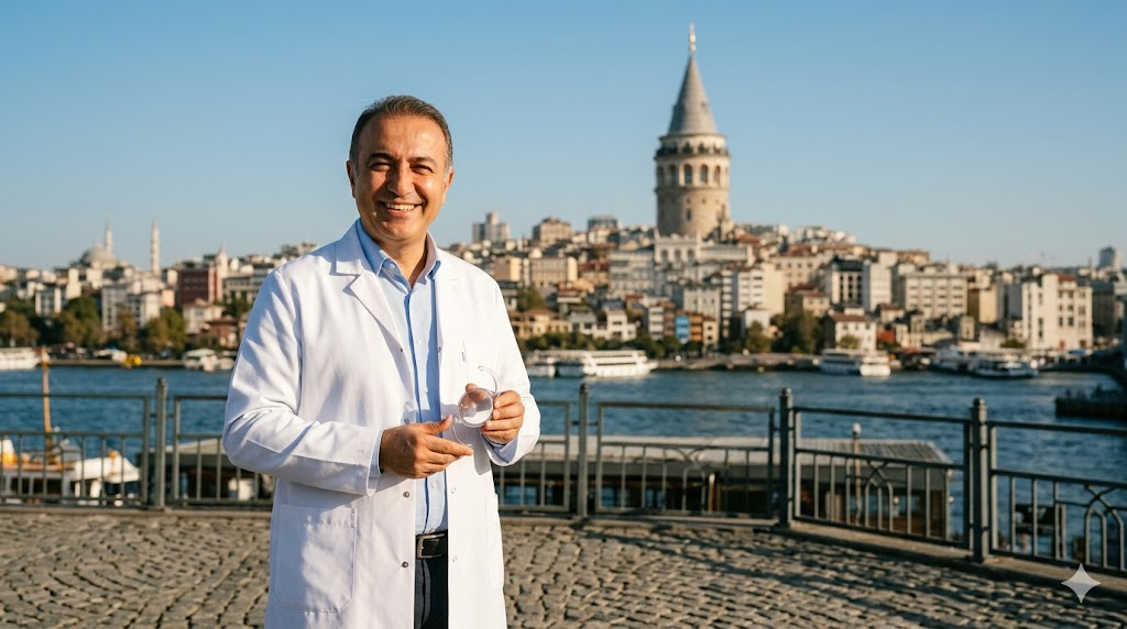  طبيب مختص في تركيا يقف أمام برج غالاتا في إسطنبول، يمثل الخبرة الطبية المتاحة عند البحث عن سعر عملية سحب الماء الأبيض في تركيا.