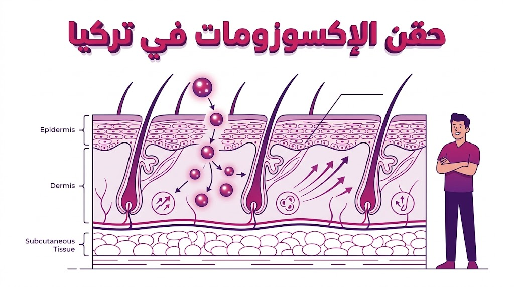 مخطط تشريحي تعليمي يوضح كيفية عمل حقن الإكسوزومات في تركيا داخل طبقات الجلد لتحفيز النمو.