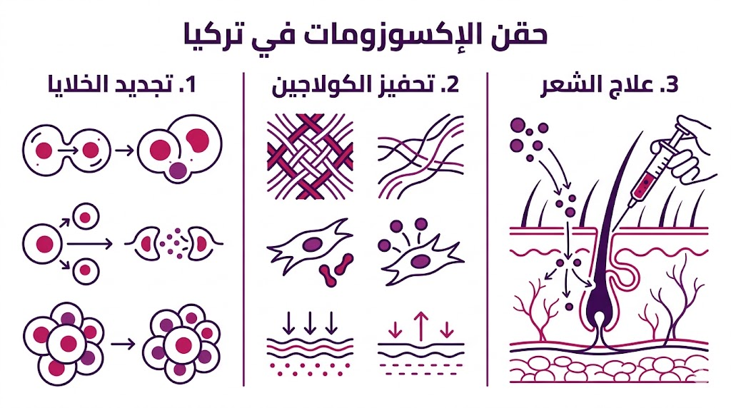  إنفوجرافيك طبي يشرح الفوائد الثلاث الرئيسية لتقنية حقن الإكسوزومات في تركيا للبشرة والشعر.