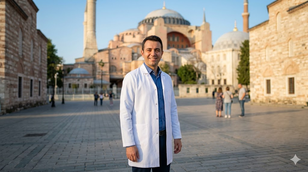 طبيب تجميل خبير أمام آيا صوفيا في اسطنبول يمثل جودة خدمات حقن الإكسوزومات في تركيا.