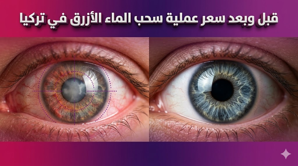 مقارنة قبل وبعد تظهر نتائج سعر عملية سحب الماء الأزرق في تركيا على العين بوضوح تام.