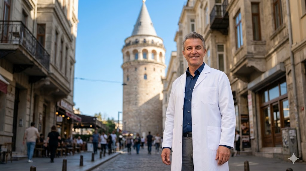 طبيب تجميل يبتسم أمام برج غالاتا في اسطنبول، يرمز لخدمات السياحة العلاجية المرتبطة بـ تكلفة تصغير الثدي للرجال.