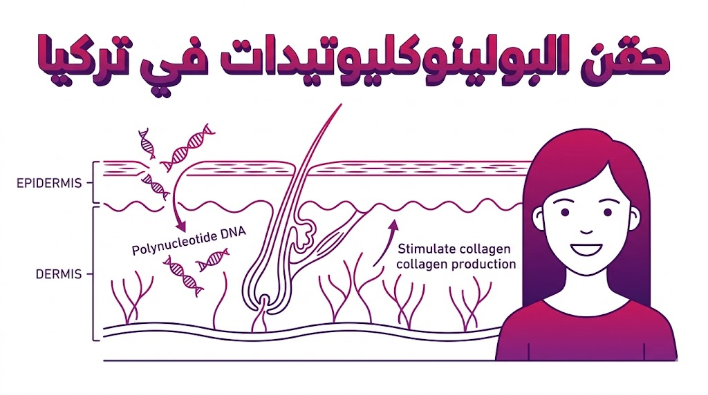 مخطط انفوجرافيك طبي يوضح آلية عمل حقن البولينوكليوتيدات في تركيا داخل طبقات الجلد لتحفيز الأنسجة.
