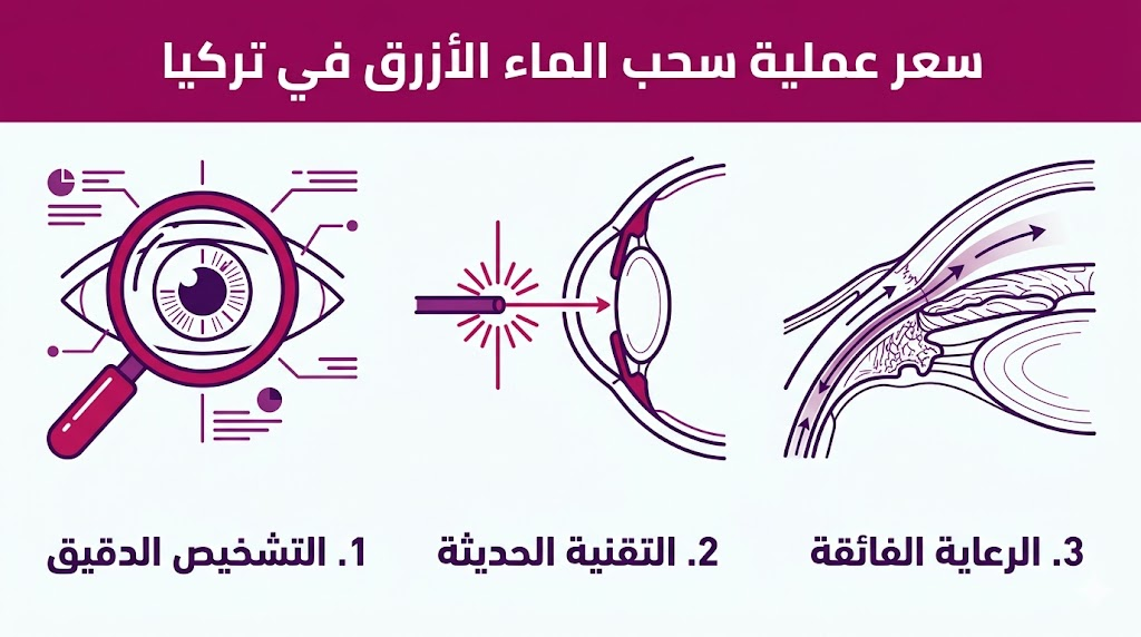  إنفوجرافيك طبي يوضح مراحل الرعاية والتقنيات ضمن سعر عملية سحب الماء الأزرق في تركيا.