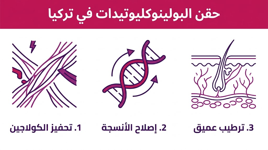 إنفوجرافيك مقسم لثلاثة أقسام يشرح فوائد حقن البولينوكليوتيدات في تركيا من حيث إنتاج الكولاجين وترطيب الأنسجة.