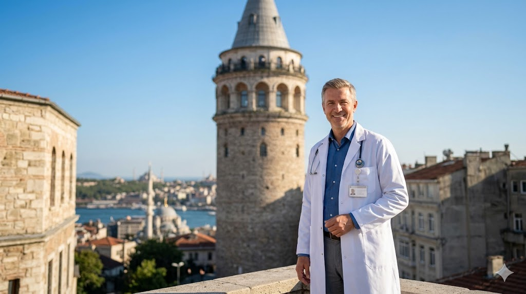 طبيب تجميل مختص في حقن البولينوكليوتيدات في تركيا يقف أمام برج غالاتا التاريخي في إسطنبول.