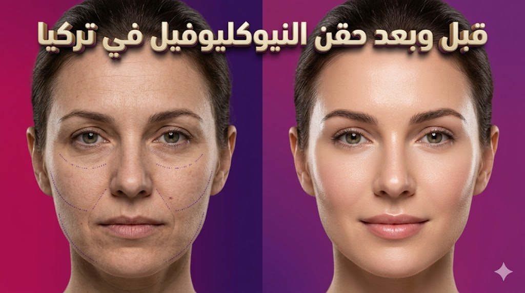 صورة مقارنة قبل وبعد حقن النيوكليوفيل في تركيا تظهر تحسن نضارة البشرة واختفاء التجاعيد.