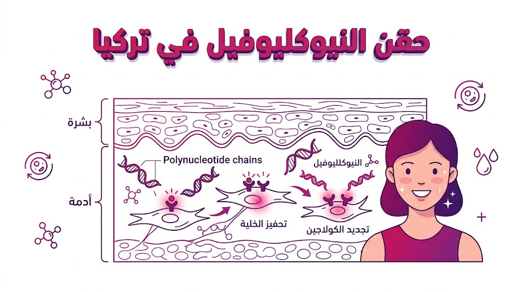 إنفوجرافيك طبي يوضح الطبقات الجلدية وكيفية عمل حقن النيوكليوفيل في تركيا على تجديد الخلايا.