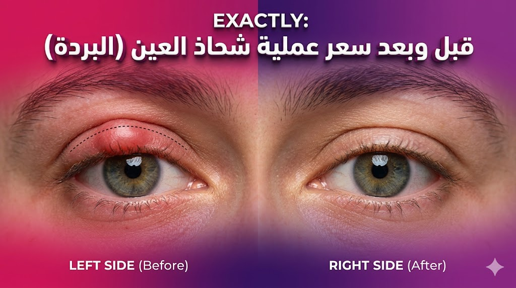 صورة قبل وبعد توضح نتائج سعر عملية شحاذ العين (البردة) والتخلص النهائي من التورم الدهني.