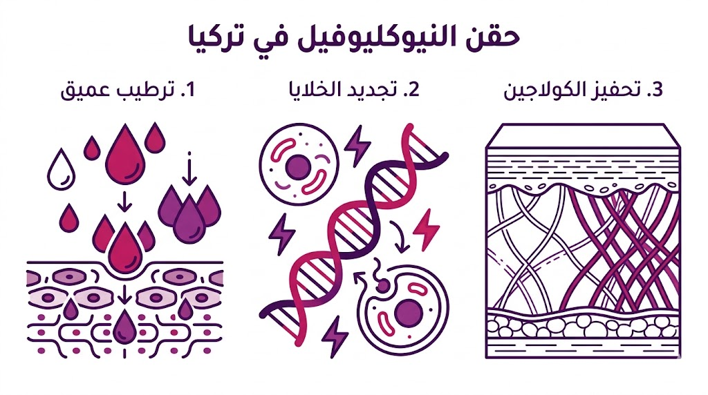 ملصق إنفوجرافيك يوضح الفوائد الثلاث الرئيسية لإجراء حقن النيوكليوفيل في تركيا.
