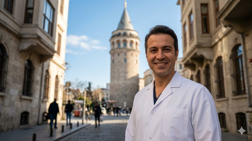 طبيب تجميل متخصص في حقن النيوكليوفيل في تركيا يقف أمام برج غالاتا التاريخي في إسطنبول.