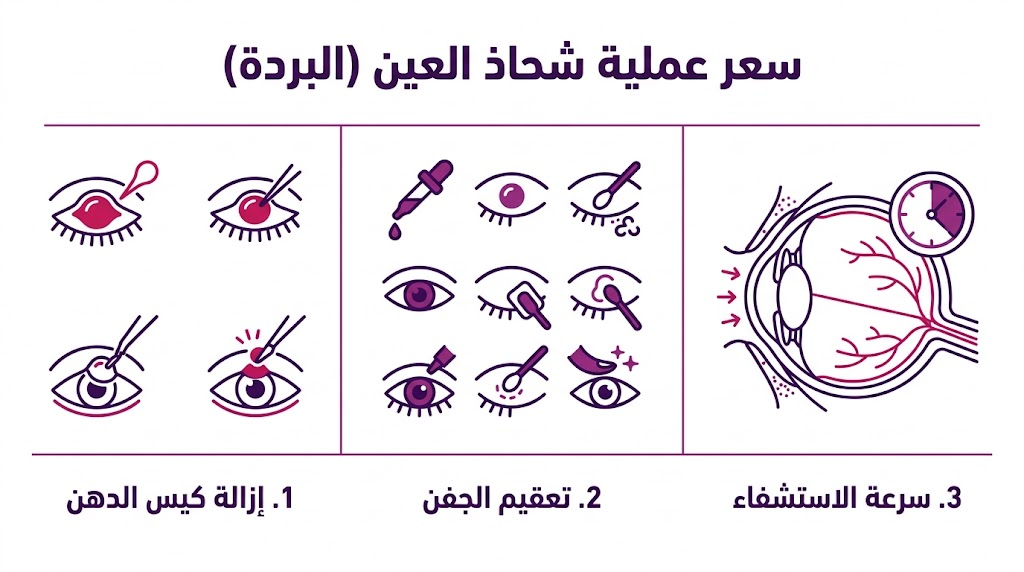  إنفوجرافيك طبي يشرح مراحل وفوائد سعر عملية شحاذ العين (البردة) بالخطوات.