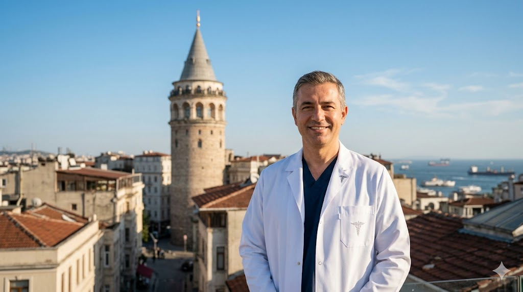 جراح عيون متخصص في تركيا أمام برج غالاتا يمثل الجودة الطبية المرتبطة بـ سعر عملية شحاذ العين (البردة).