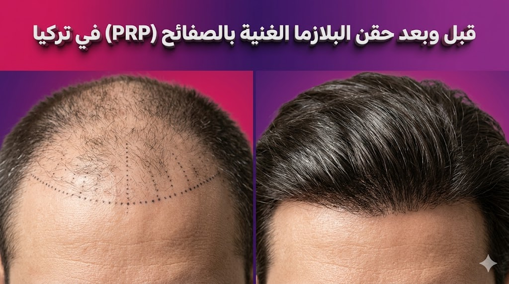 مقارنة قبل وبعد توضح نتائج حقن البلازما الغنية بالصفائح (PRP) في تركيا على كثافة الشعر.
