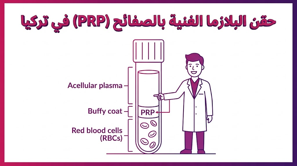 مخطط تشريحي يوضح كيفية فصل الدم لاستخلاص حقن البلازما الغنية بالصفائح (PRP) في تركيا.