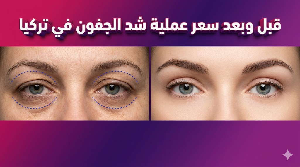 مقارنة قبل وبعد توضح نتائج سعر عملية شد الجفون في تركيا مع علامات جراحية دقيقة.