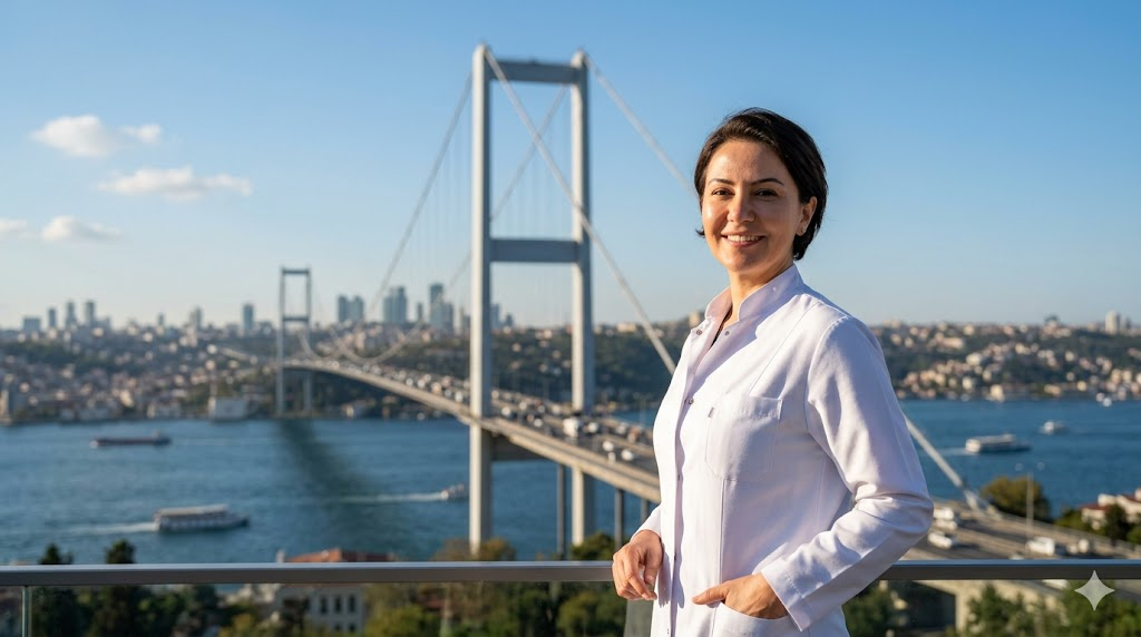 طبيب تجميل مختص في حقن البلازما الغنية بالصفائح (PRP) في تركيا مع خلفية لجسر البوسفور في اسطنبول.