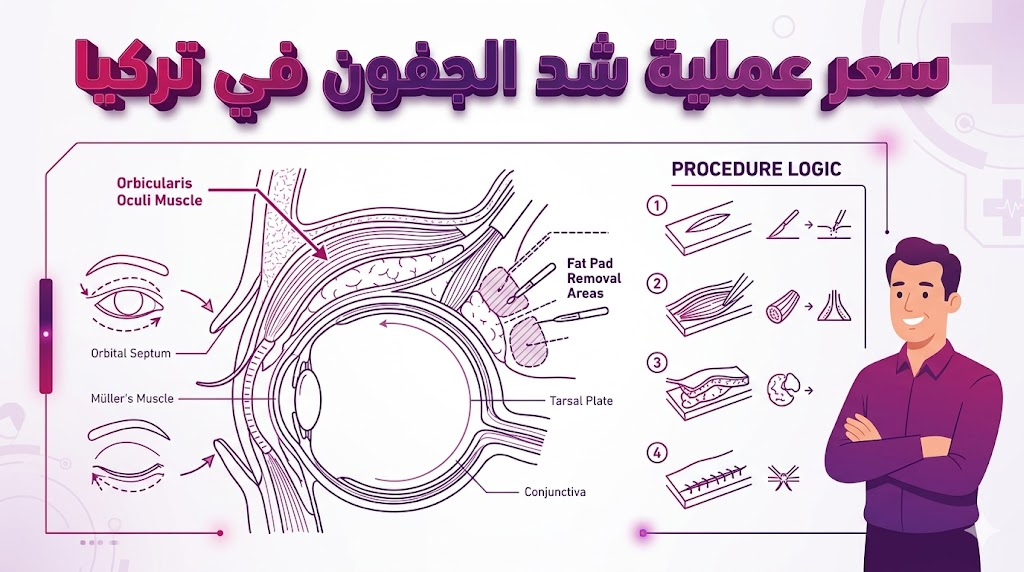  مخطط تشريحي يوضح التقنيات الطبية المستخدمة والتي تؤثر على سعر عملية شد الجفون في تركيا.