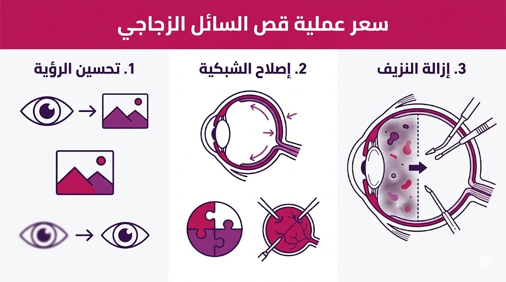 إنفوجرافيك طبي يوضح الفوائد الثلاث الرئيسية التي تؤثر على سعر عملية قص السائل الزجاجي وجودة النتائج.