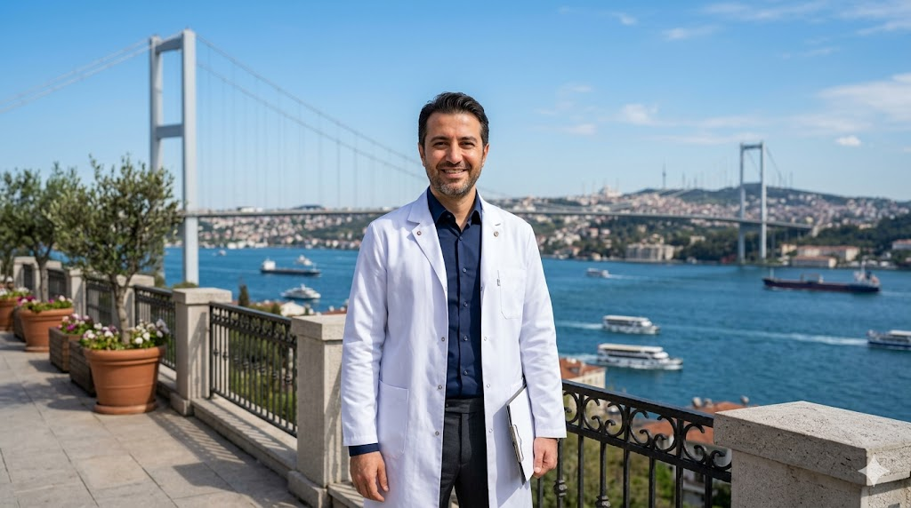  طبيب متخصص يقف أمام جسر البوسفور في اسطنبول للإشارة إلى وجهات العلاج عند البحث عن سعر عملية قص السائل الزجاجي.