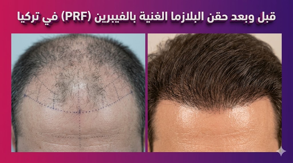 مقارنة قبل وبعد تظهر نتائج حقن البلازما الغنية بالفيبرين (PRF) في تركيا على فروة الرأس لتحفيز الشعر.