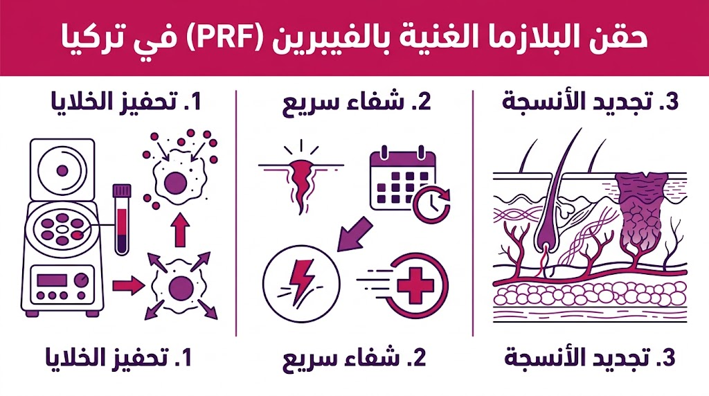بوستر إنفوجرافيك تعليمي يشرح الفوائد الثلاث الرئيسية لتقنية حقن البلازما الغنية بالفيبرين (PRF) في تركيا.