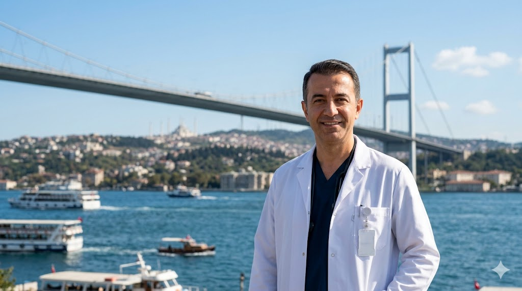 طبيب تجميل متخصص في حقن البلازما الغنية بالفيبرين (PRF) في تركيا يقف أمام جسر البوسفور في اسطنبول.