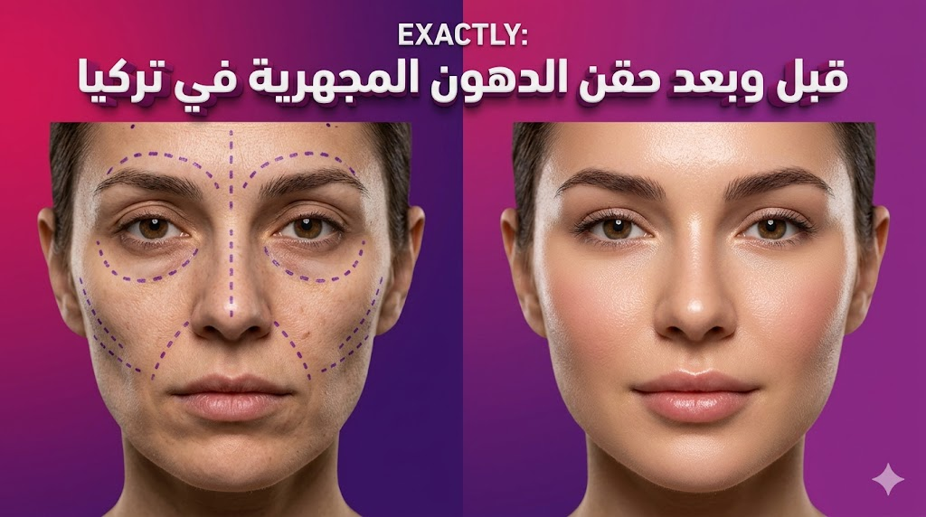 صورة قبل وبعد تظهر نتائج حقن الدهون المجهرية في تركيا لاستعادة حيوية وامتلاء الوجه.