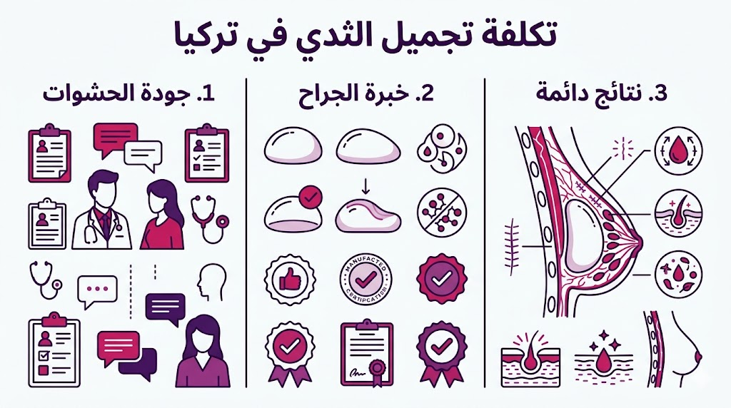 إنفوجرافيك مقسم لثلاثة أقسام يشرح العوامل المؤثرة في تكلفة تجميل الثدي في تركيا بطريقة علمية مبسطة.