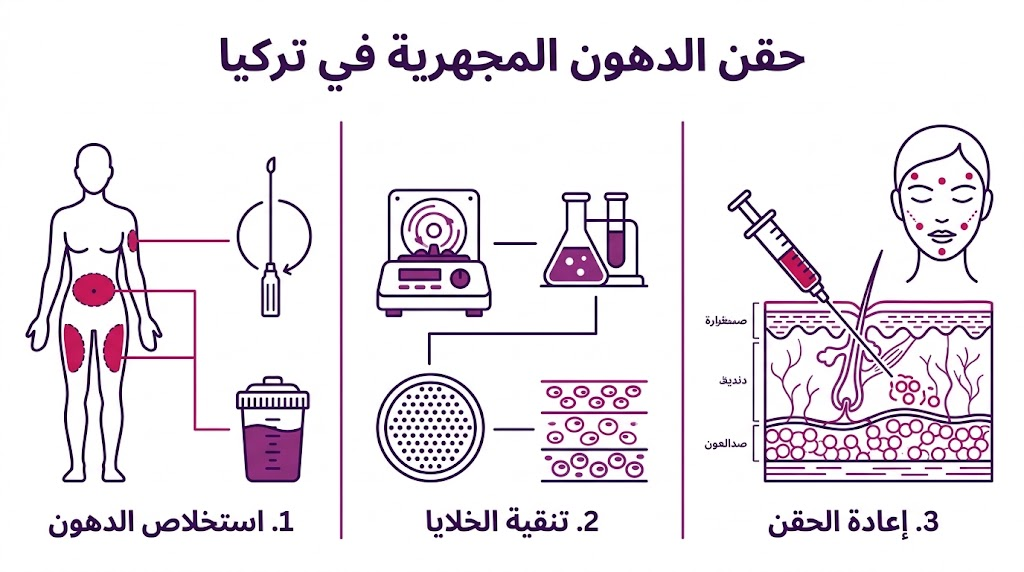  بوستر توضيحي لمراحل حقن الدهون المجهرية في تركيا من الاستخلاص إلى الحقن النهائي.