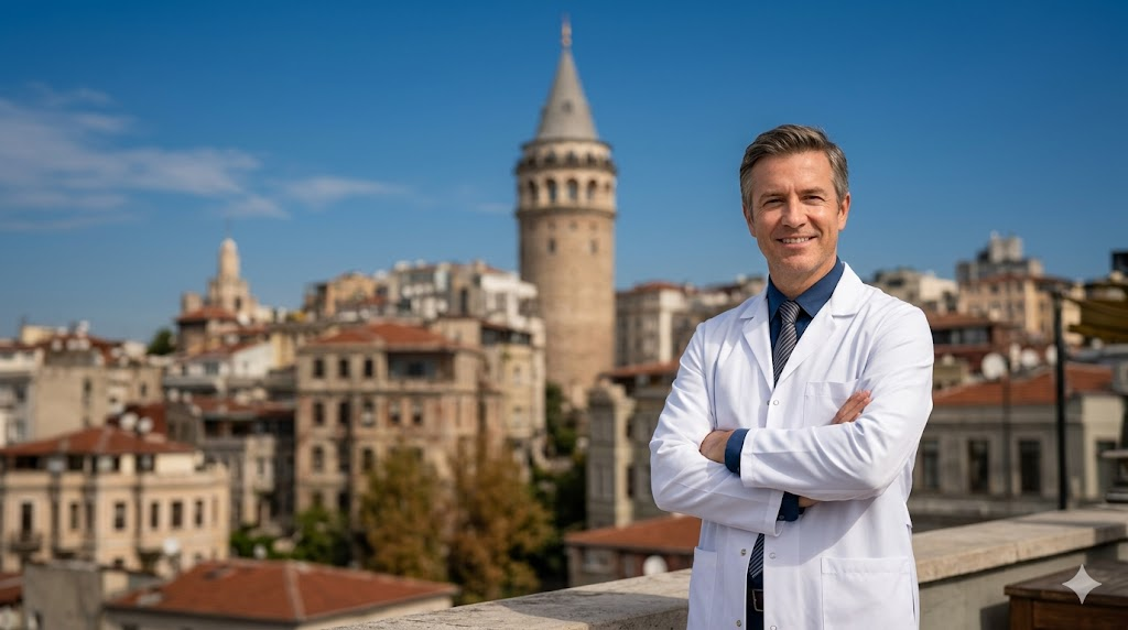 طبيب تجميل مختص في حقن الدهون المجهرية في تركيا يقف أمام برج غالاتا التاريخي في إسطنبول.