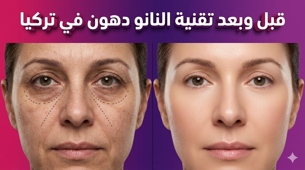 صورة مقارنة "قبل وبعد" توضح نتائج تقنية النانو دهون في تركيا في إخفاء الهالات السوداء وتجديد نضارة الوجه.