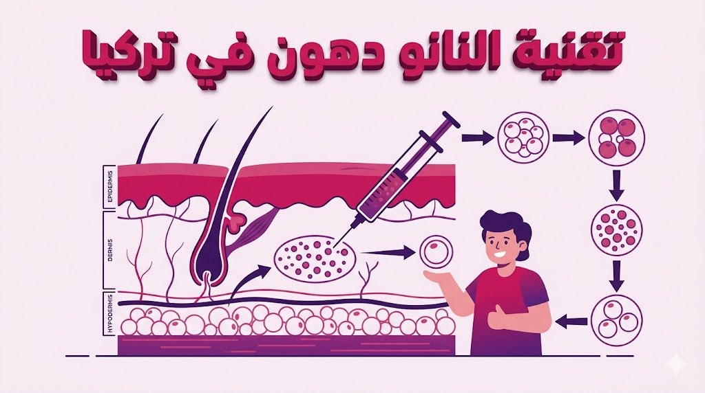 إنفوجرافيك طبي يشرح التشريح الداخلي وكيفية عمل تقنية النانو دهون في تركيا لتجديد الأنسجة.