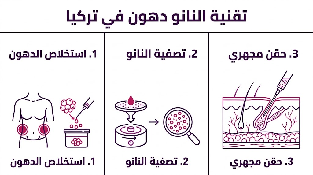 ملصق إنفوجرافيك يوضح مراحل تقنية النانو دهون في تركيا من الاستخلاص إلى الحقن المجهري.