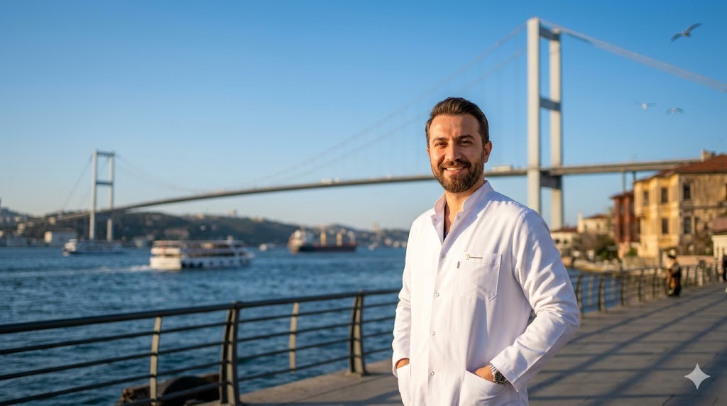 طبيب تجميل متخصص في تقنية النانو دهون في تركيا يقف أمام جسر البوسفور في اسطنبول.