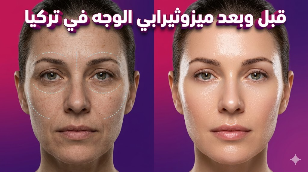 مقارنة قبل وبعد تظهر نتائج ميزوثيرابي الوجه في تركيا وتأثيره على نضارة وتجديد خلايا البشرة.