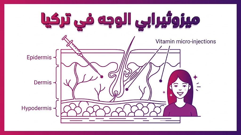  إنفوجرافيك تعليمي يوضح الطبقات التشريحية المستهدفة أثناء عملية ميزوثيرابي الوجه في تركيا.