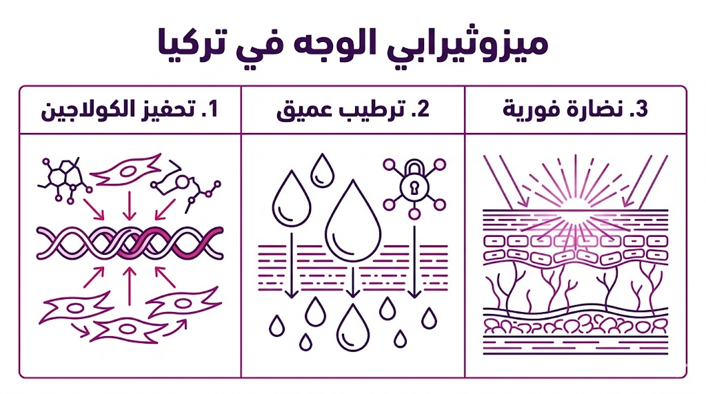 ملصق إنفوجرافيك يشرح الفوائد الثلاث الرئيسية لإجراء ميزوثيرابي الوجه في تركيا وهي الكولاجين والترطيب والنضارة.