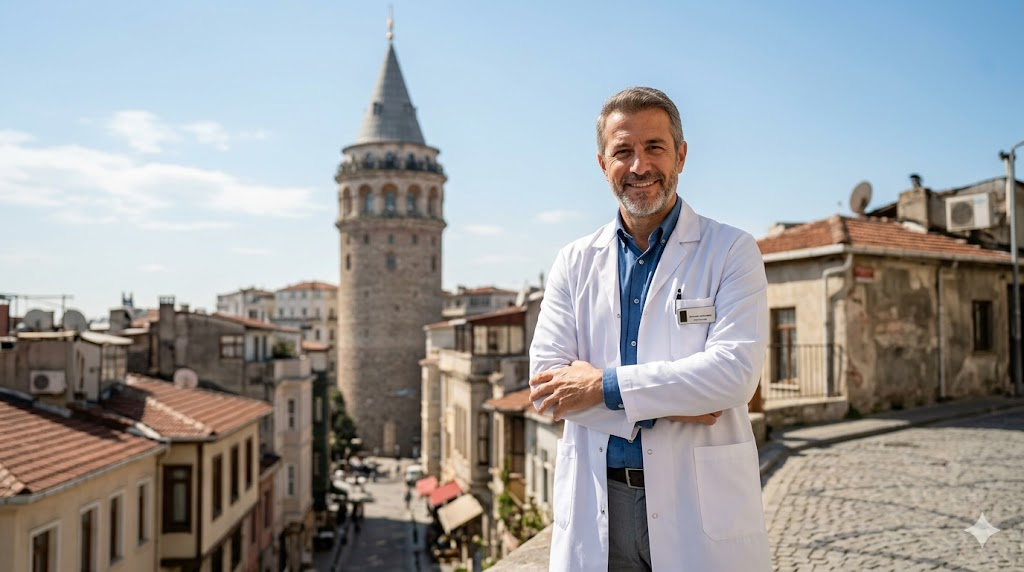 طبيب تجميل محترف أمام برج غالاتا في إسطنبول، يرمز لخدمات تكلفة تجميل الثدي في تركيا المتميزة.