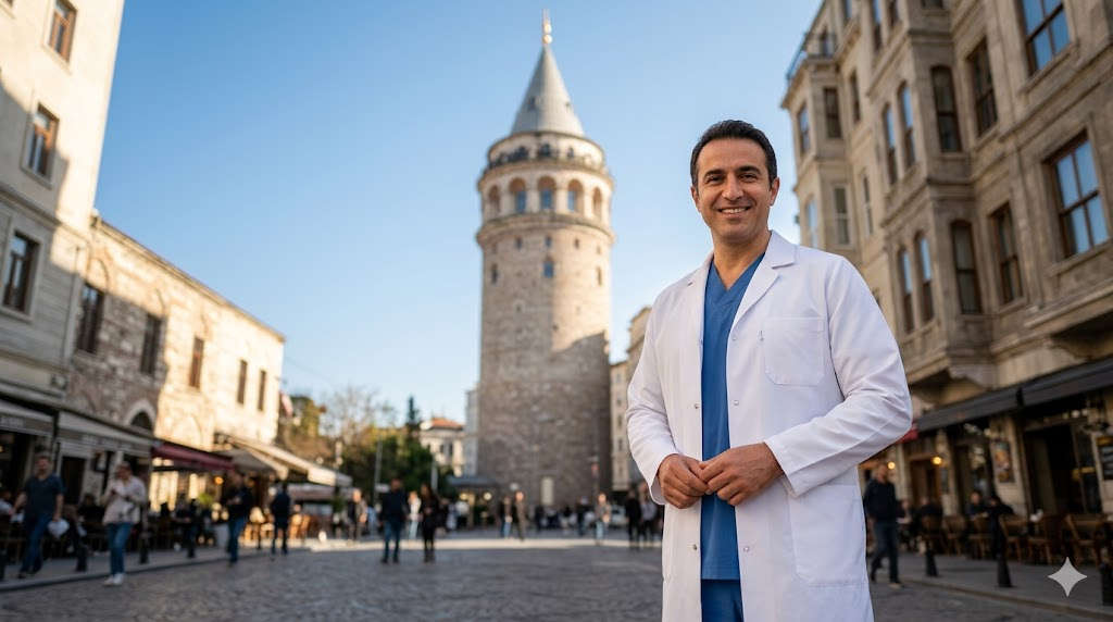 طبيب تجميل مختص في ميزوثيرابي الوجه في تركيا يقف أمام برج غالاتا التاريخي في إسطنبول.