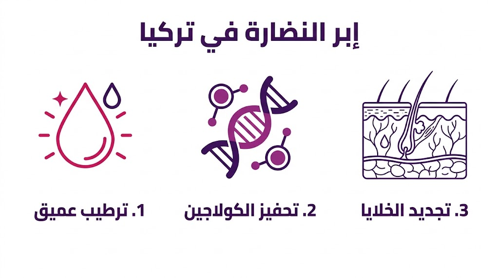 بوستر معلوماتي يشرح الفوائد الثلاث الرئيسية لتقنية إبر النضارة في تركيا بأسلوب فني نظيف.