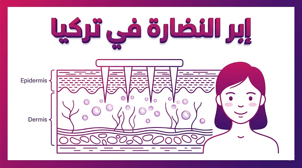 إنفوجرافيك طبي يوضح آلية عمل إبر النضارة في تركيا وتغلغلها في طبقات الجلد لتجديد الحيوية.