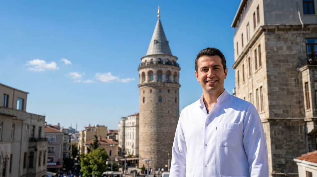 طبيب تجميل متخصص في إبر النضارة في تركيا يقف أمام برج غالاتا التاريخي في اسطنبول.