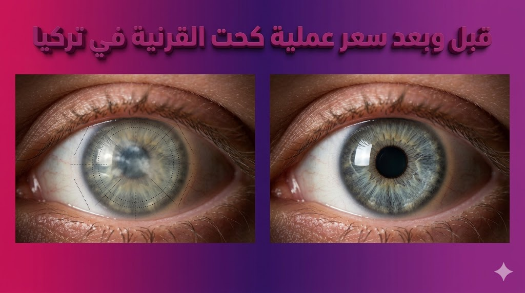 مقارنة قبل وبعد تظهر نتائج سعر عملية كحت القرنية في تركيا على العين بوضوح واحترافية.