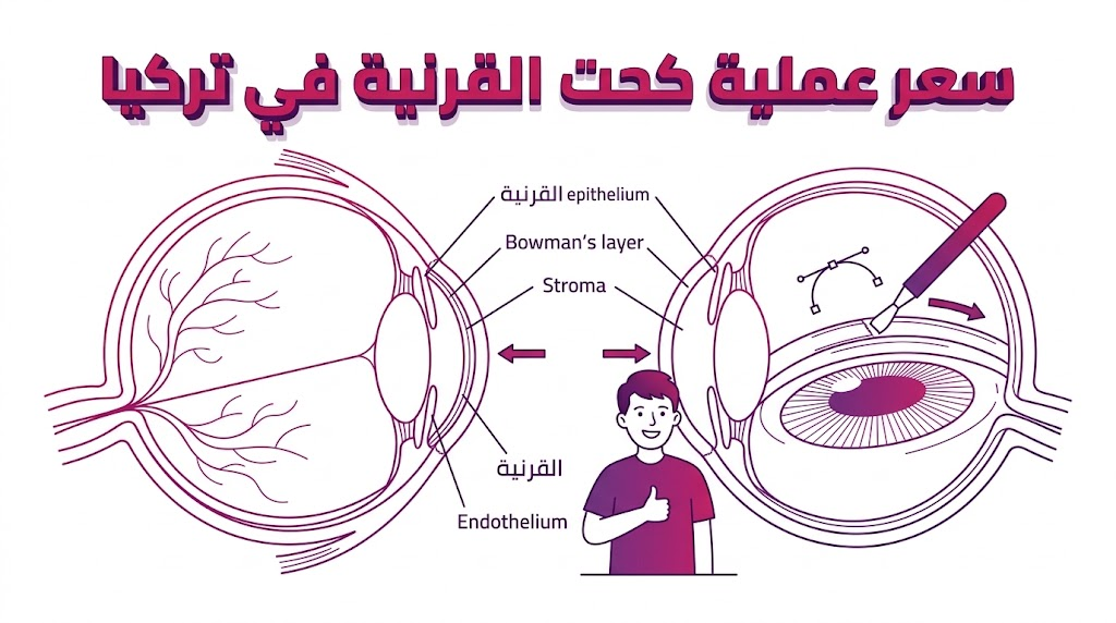 مخطط طبي توضيحي يشرح التفاصيل التشريحية لعملية كحت القرنية وسعر عملية كحت القرنية في تركيا.