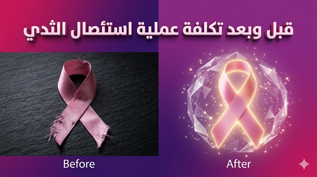 مقارنة رمزية توضح القيمة والنتائج قبل وبعد دفع تكلفة عملية استئصال الثدي من خلال رموز الشفاء العالمية.