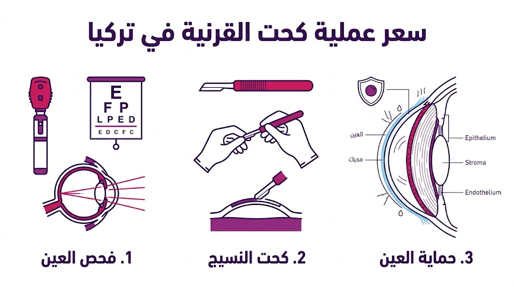 إنفوجرافيك طبي مقسم لثلاث مراحل يوضح خطوات العملية وسعر عملية كحت القرنية في تركيا.