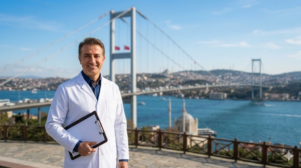 طبيب متخصص في حقن الفيتامينات الوريدية في تركيا يقف أمام جسر البوسفور في إسطنبول.