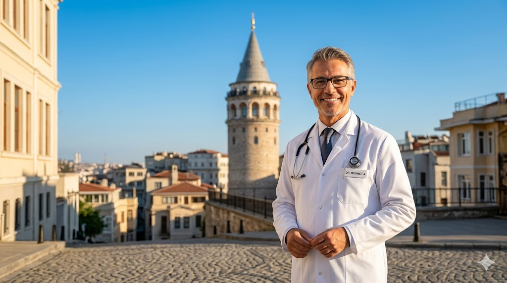  طبيب مختص في اسطنبول أمام برج غالاتا يقدم استشارات حول سعر عملية كشط القرنية بالليزر في تركيا.