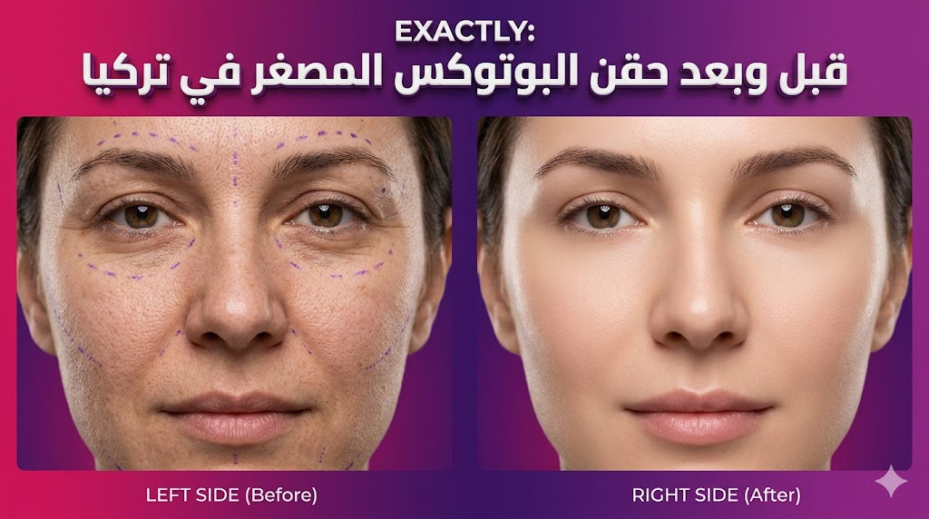 مقارنة قبل وبعد تظهر نتائج حقن البوتوكس المصغر في تركيا على مسام البشرة والتجاعيد الدقيقة.